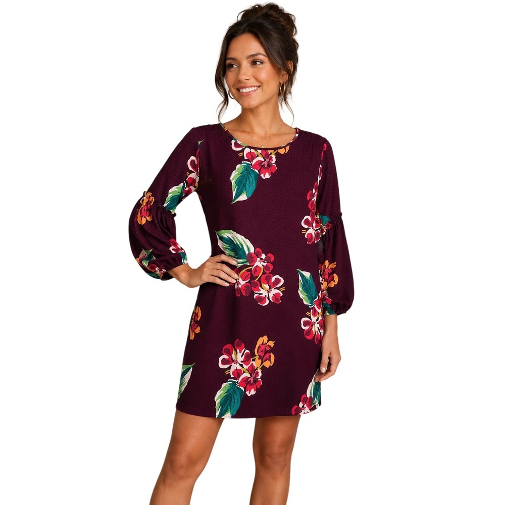 LOFT‎ Burgundy Floral Shift Dress Womens Small Petite Puff Sleeve 445051